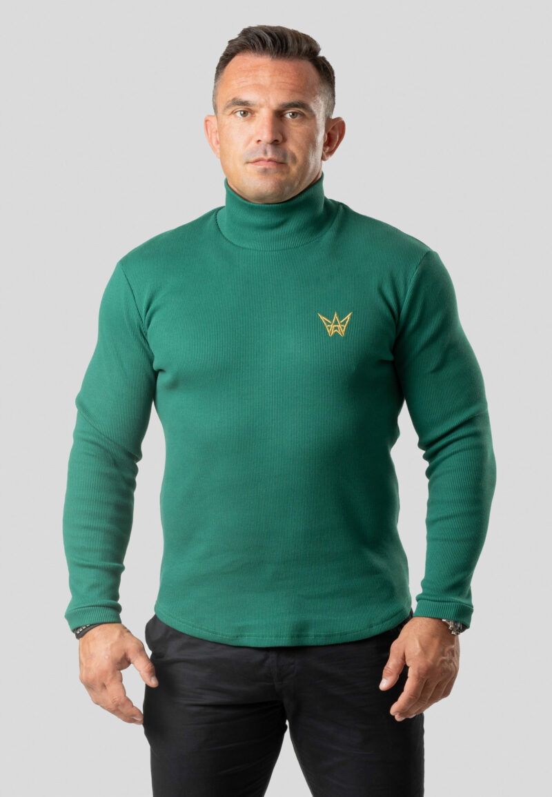 Golfový dlhý rebrovaný sveter fľaša zelená - zlatá koruna
